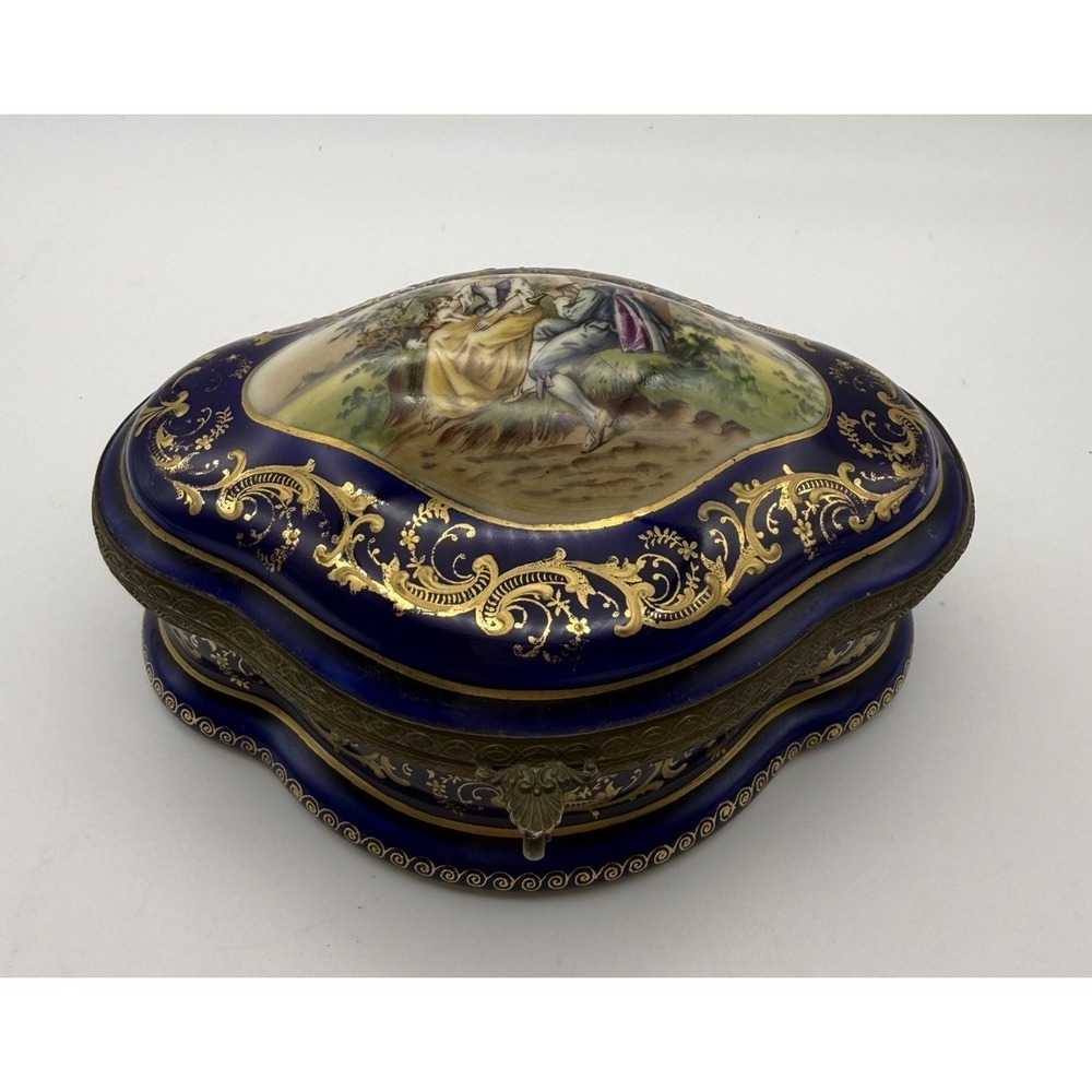 Antique French Sevres? Handpainted Porcelain Vanity Box Courting Couple